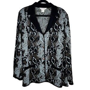 Exclusively Misook Woman Button Up Knit Cardigan Size 3X Black Animal Print